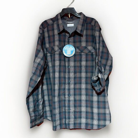 Columbia Omni Shade Shirt Men's XXL UPF 30 Plaid Gray Brown Roll Tab Sleeve NEW - Picture 1 of 10